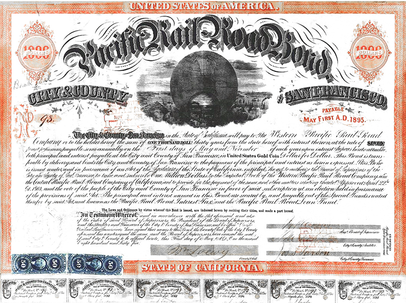 An 1865 municipal bond issued by the City and County of San Francisco. Today, new municipal issues are accompanied by Official Statements prepared by the issuing local government rather than the broker-dealer.