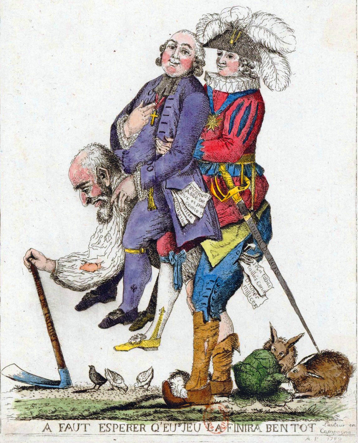 A 1789 political cartoon illustrating the severe social inequality of the Ancien Régime, depicting the heavily taxed Third Estate physically carrying the privileged clergy and nobility.