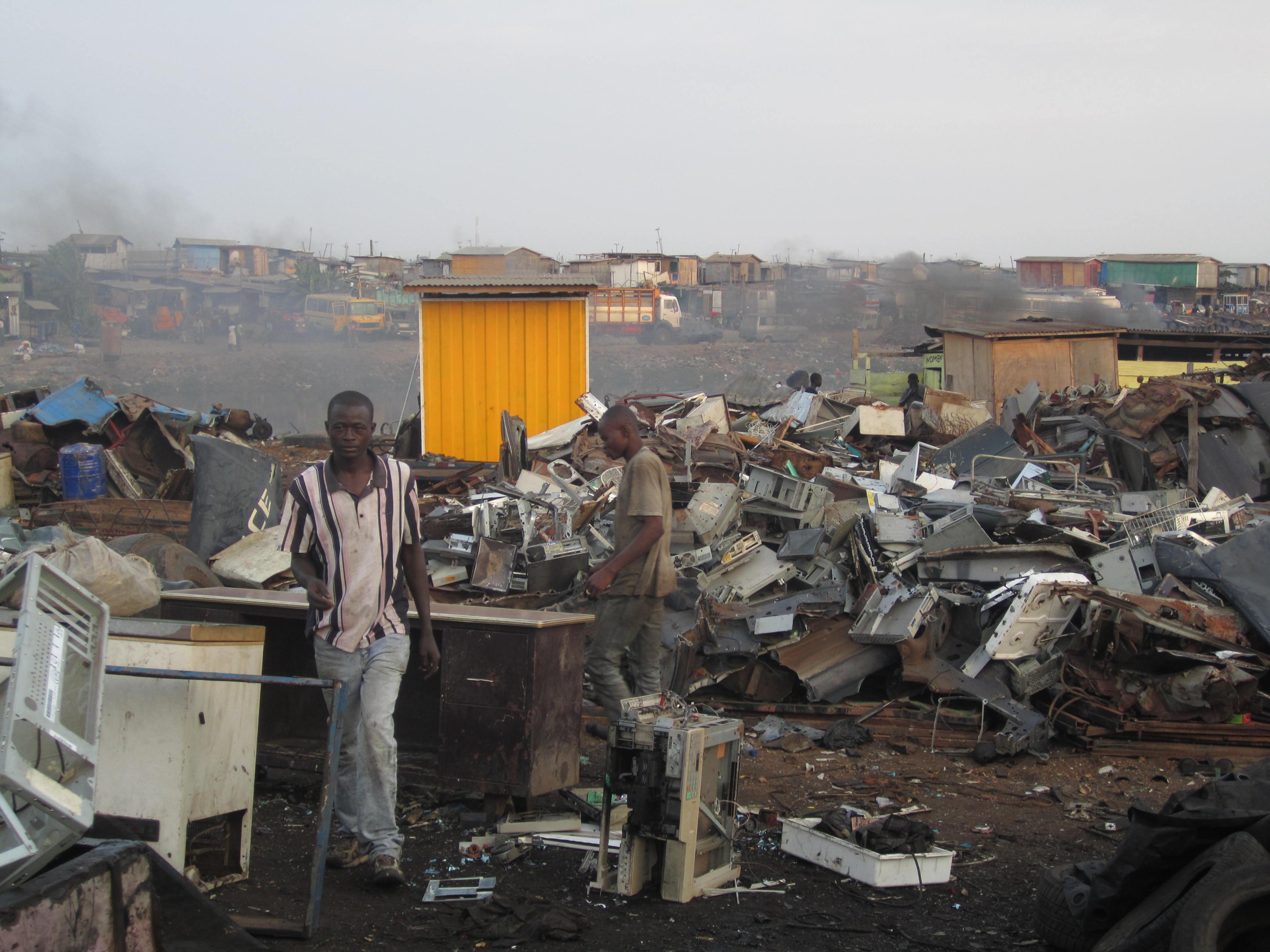 An electronic waste site in Agbogbloshie, Ghana, demonstrating the severe environmental risks of improperly discarded hardware packed with toxic heavy metals.