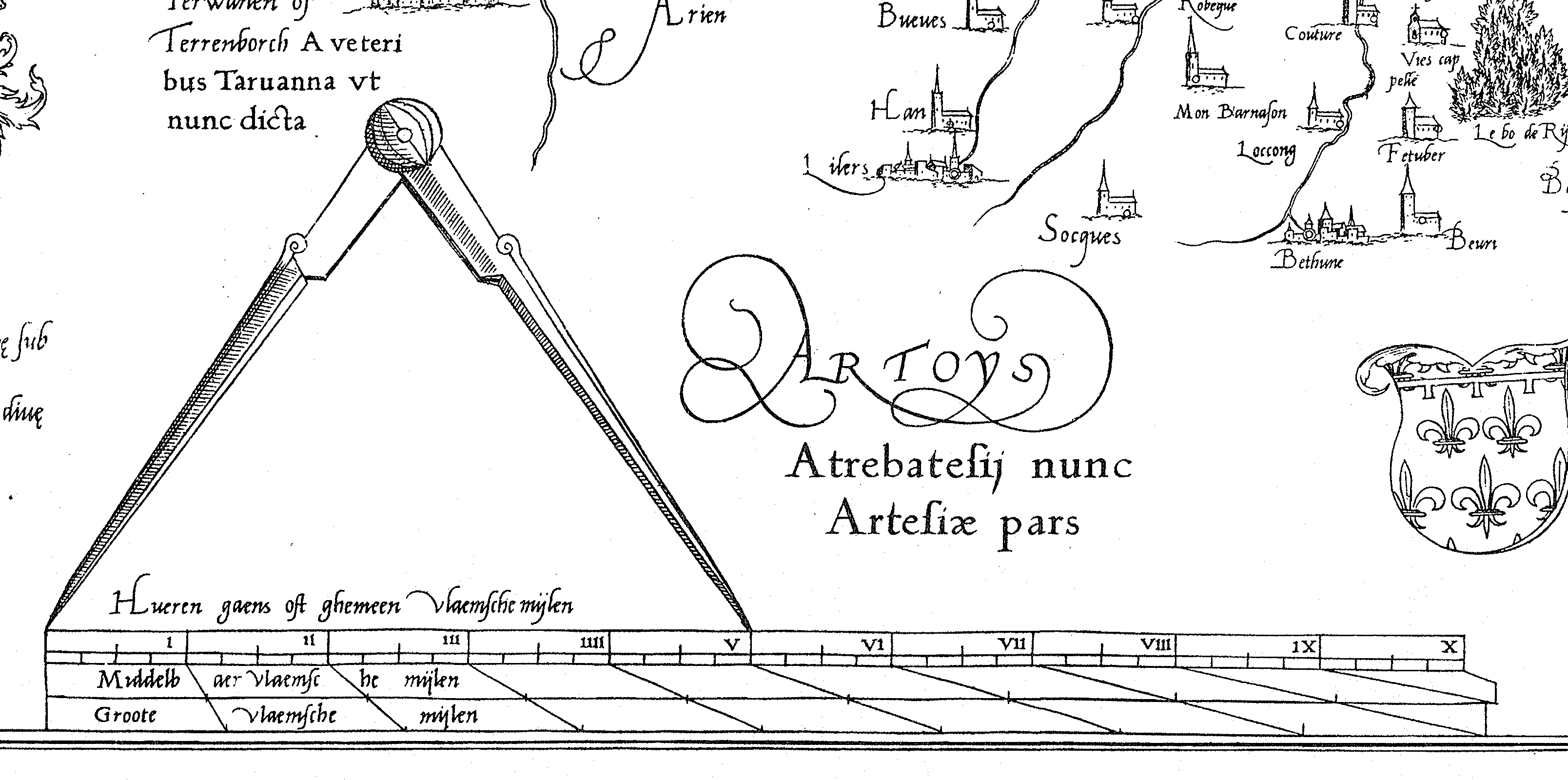 A scale bar on a 16th-century map by Mercator. By applying a mathematical scale factor, mapmakers can accurately translate massive real-world geographical distances into proportional segments on paper.