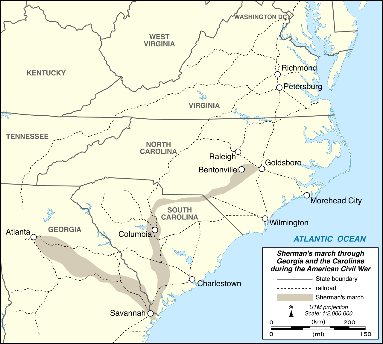 A map of Sherman's March to the Sea, demonstrating the Union's implementation of total war tactics to destroy Confederate infrastructure and civilian morale across Georgia and the Carolinas.