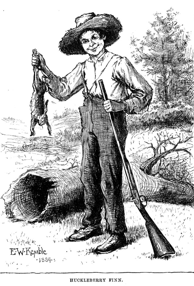 E.W. Kemble's illustration from the original 1884 edition of "The Adventures of Huckleberry Finn." Twain's use of dialect and a child's perspective broke from traditional literary conventions.