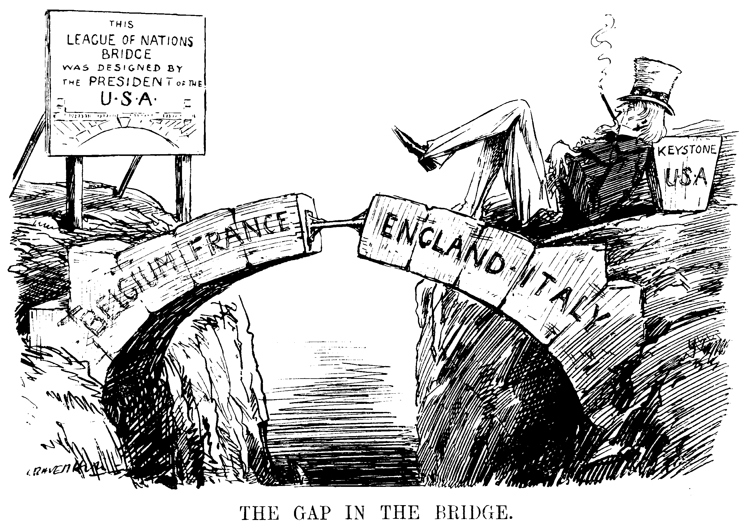 A 1920 political cartoon from Punch magazine illustrating the fatal weakening of the League of Nations due to the United States Senate's refusal to join.