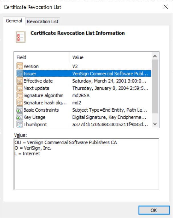 A Certificate Revocation List (CRL) displayed in Windows, showing the serial numbers of certificates that have been explicitly invalidated prior to their expiration date.