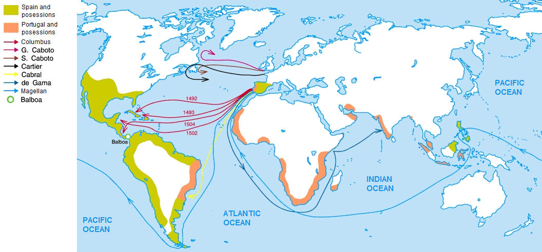 Map illustrating the major maritime exploration routes during the Age of Discovery, highlighting the encounter between previously isolated hemispheres.