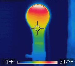 A thermal camera image of an incandescent bulb demonstrates its inefficiency; while engineered to produce visible light, it wastes a massive amount of its electrical energy by transforming it into unwanted thermal energy, visible here as intense heat.
