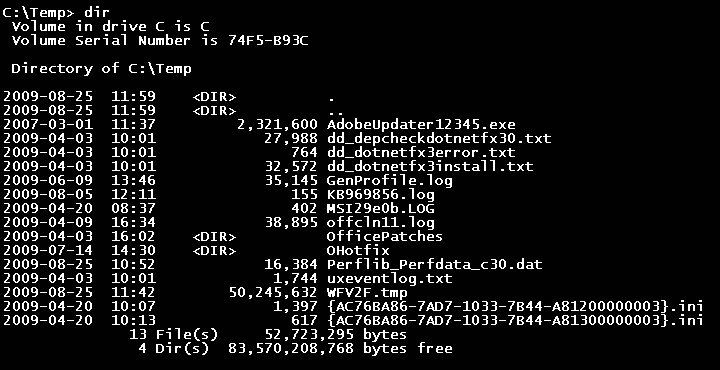 The output of the dir command in the Windows Command Prompt, detailing the directory contents, file sizes, and modification metadata for the current working directory.
