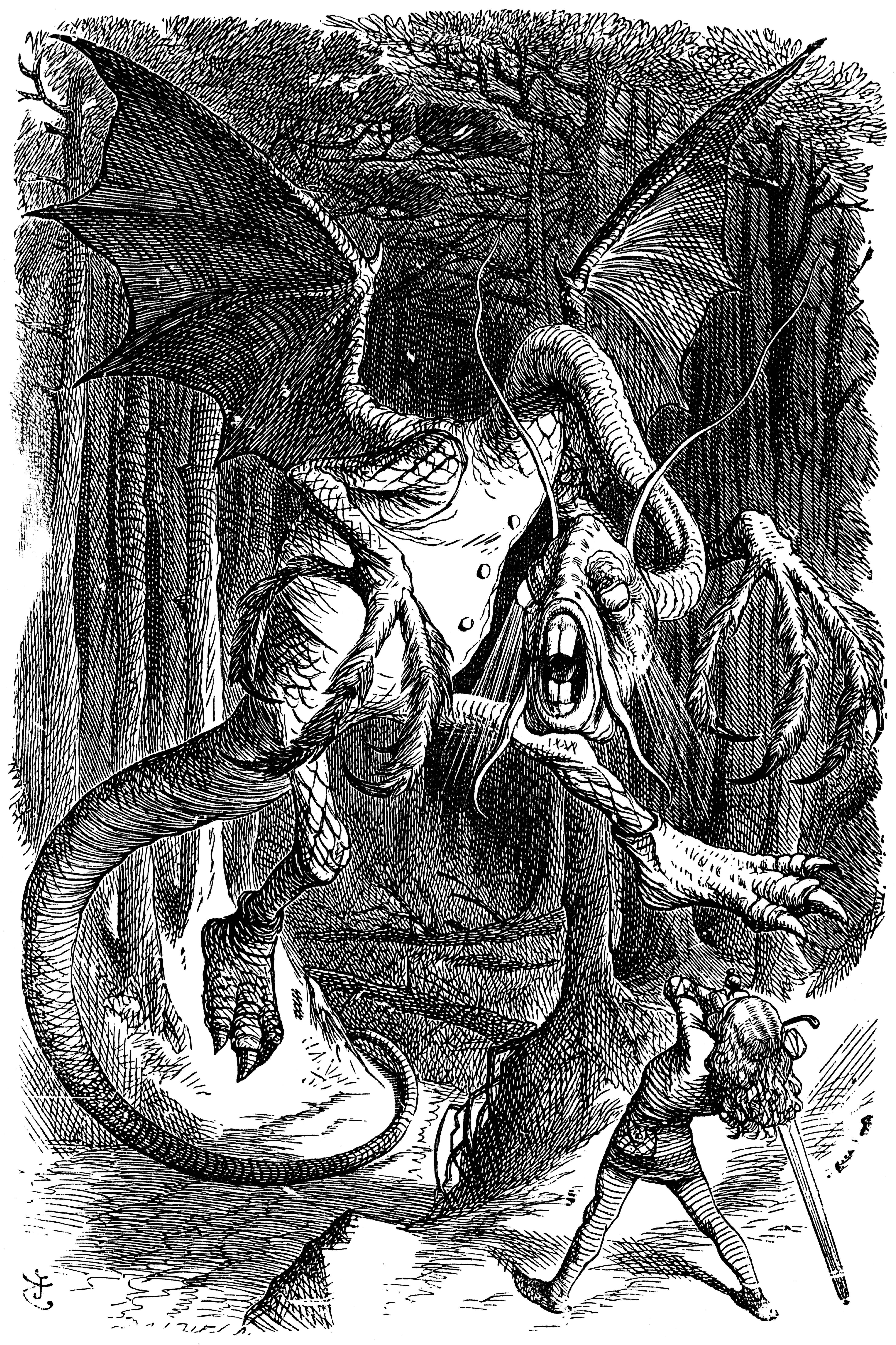 John Tenniel's 1871 illustration of the Jabberwock. In nonsense poetry, readers must rely entirely on syntactic rules, such as the placement of articles and linking verbs, to identify a fabricated word's part of speech.