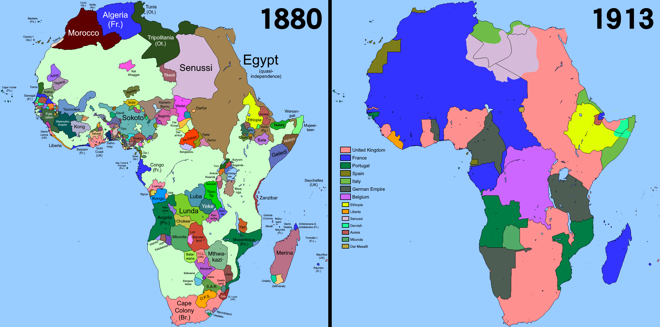 A map comparing European colonial claims in Africa between 1880 and 1913, showing the rapid and arbitrary partition of the continent following the Berlin Conference.