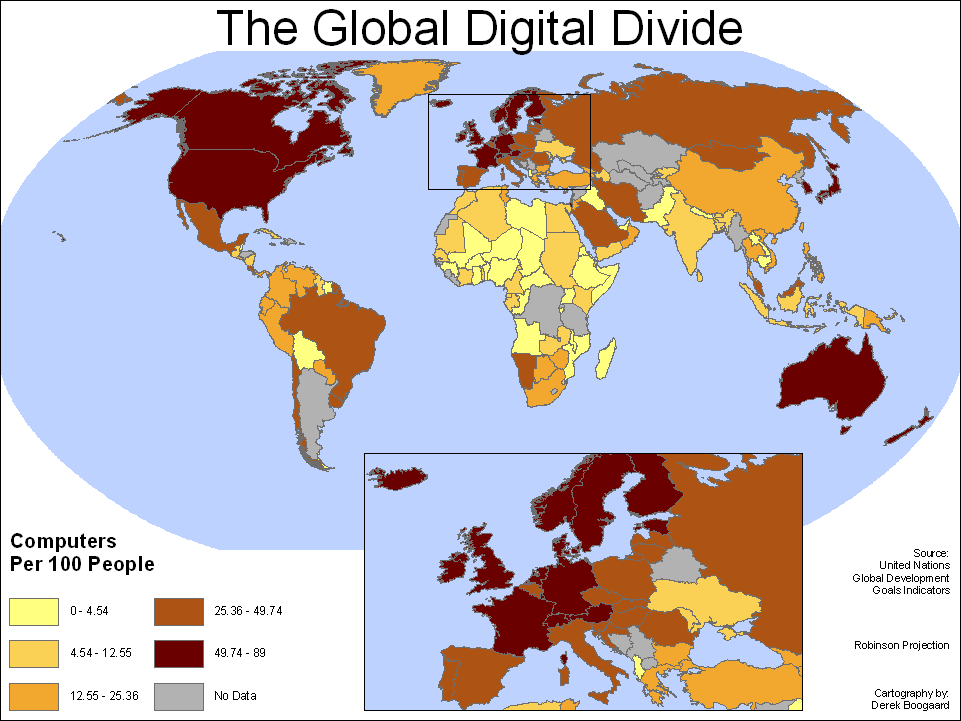 A map visualizing the global digital divide, highlighting the stark disparities in access to modern information and communications technology between the Global North and Global South.