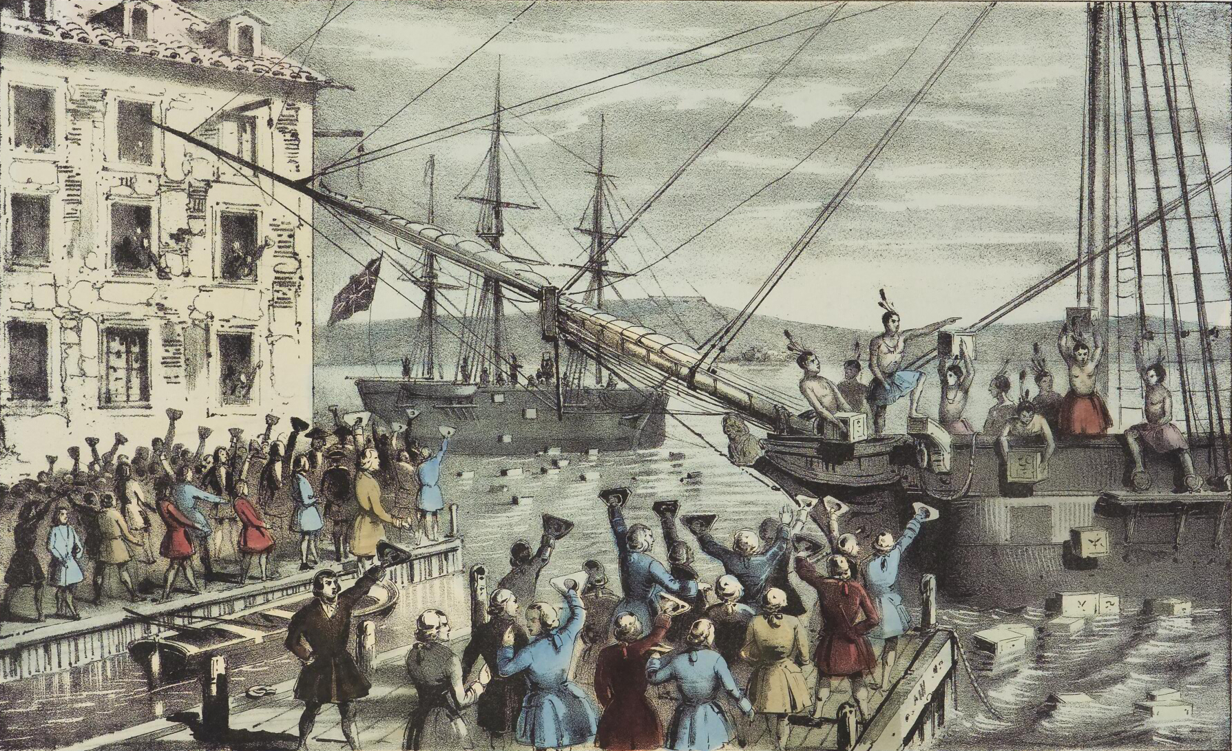 A depiction of the Boston Tea Party, a direct action protest where members of the Sons of Liberty destroyed British East India Company property to protest the Tea Act.