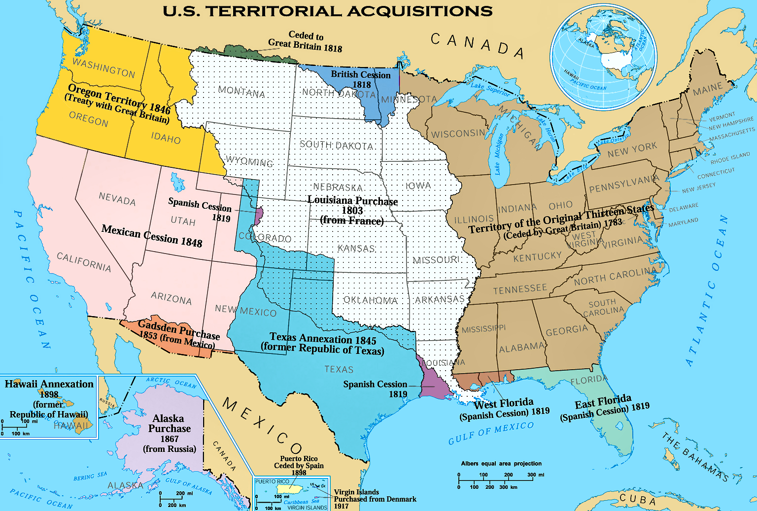 A map illustrating the timeline of major United States territorial acquisitions, demonstrating the rapid geographic expansion across the North American continent between 1783 and 1853.