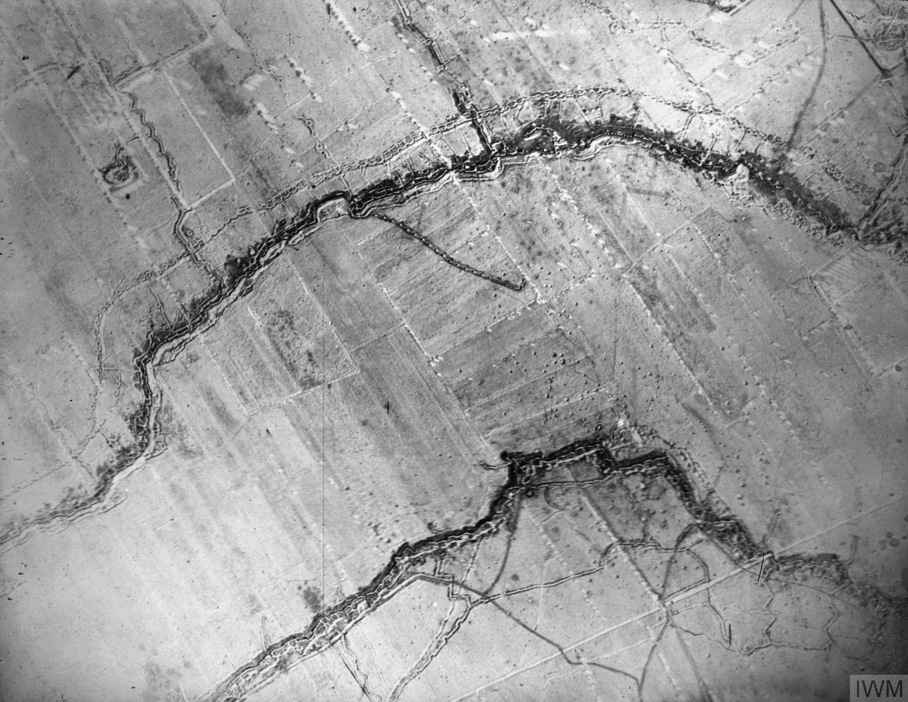 Aerial view of opposing British and German trench lines on the Western Front in 1916, illustrating the prolonged military stalemate of World War I.