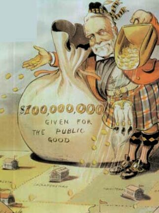 A 1903 cartoon portraying Andrew Carnegie showering money to fund free public libraries, a great visual to discuss his dual legacy as a "Captain of Industry."