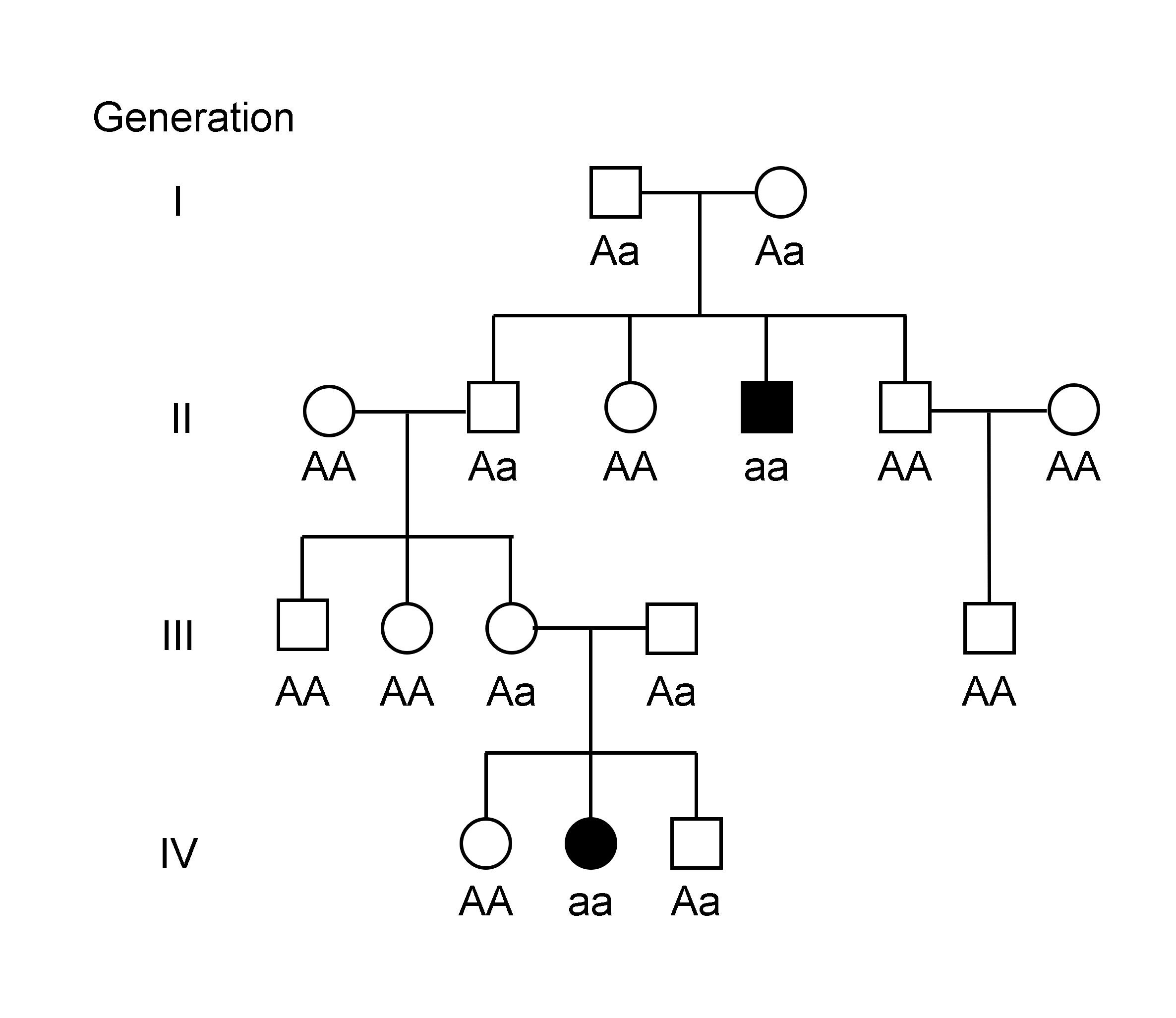 An autosomal recessive pedigree. The key diagnostic feature is the presence of an affected offspring born to two unaffected parents, proving both parents are obligate heterozygous carriers.