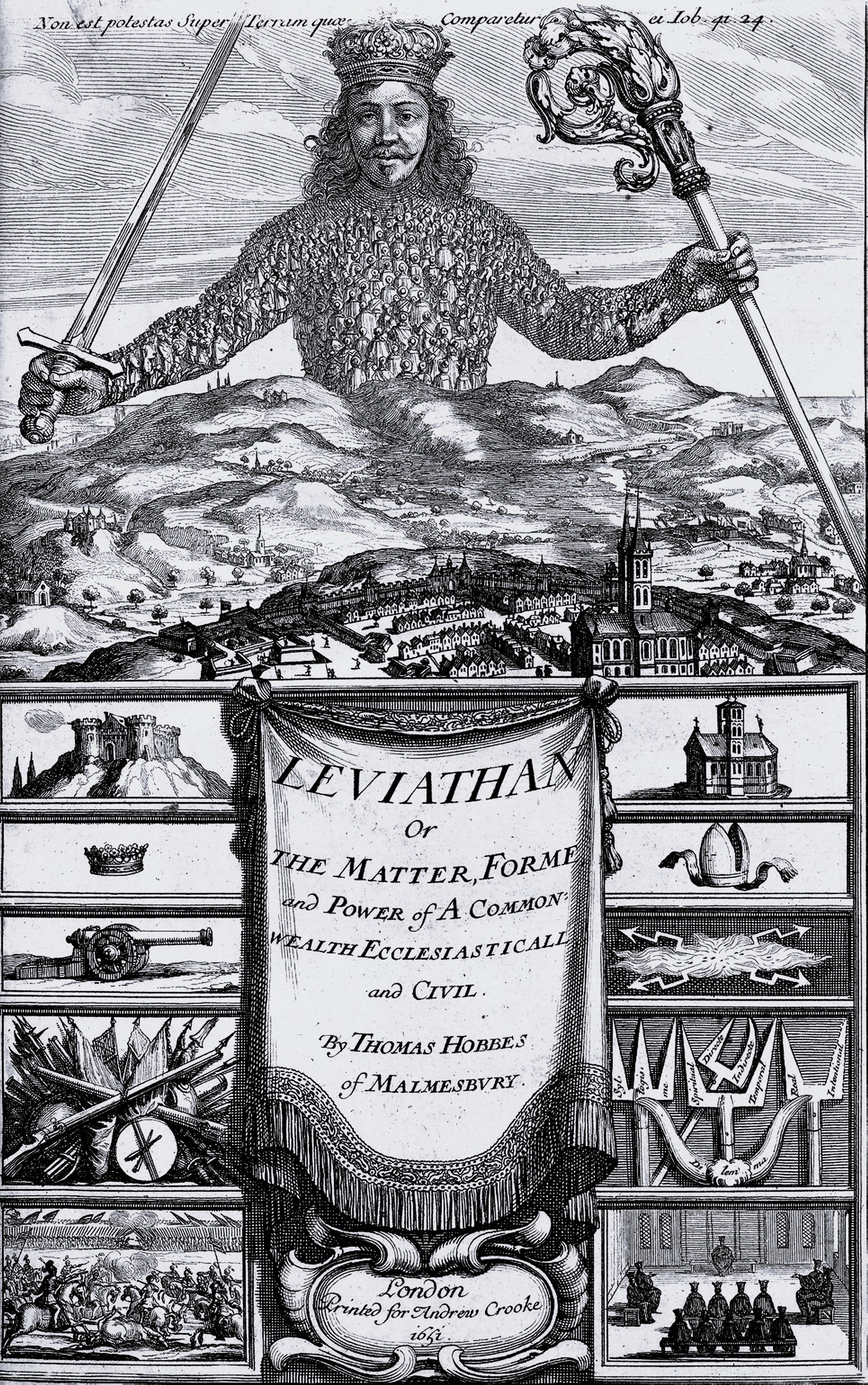 The frontispiece of Thomas Hobbes's 'Leviathan' (1651) visualizes the absolute sovereign as a giant figure composed of hundreds of individual citizens who have surrendered their individual autonomy in exchange for collective security.