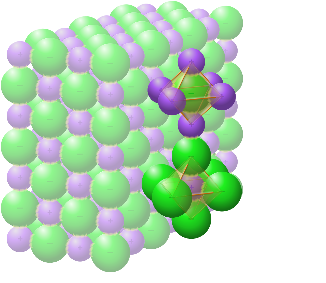 The crystal lattice structure of sodium chloride (table salt). Ionic bonds form rigid inorganic structures through the electrostatic attraction between positively charged sodium ions and negatively charged chloride ions.