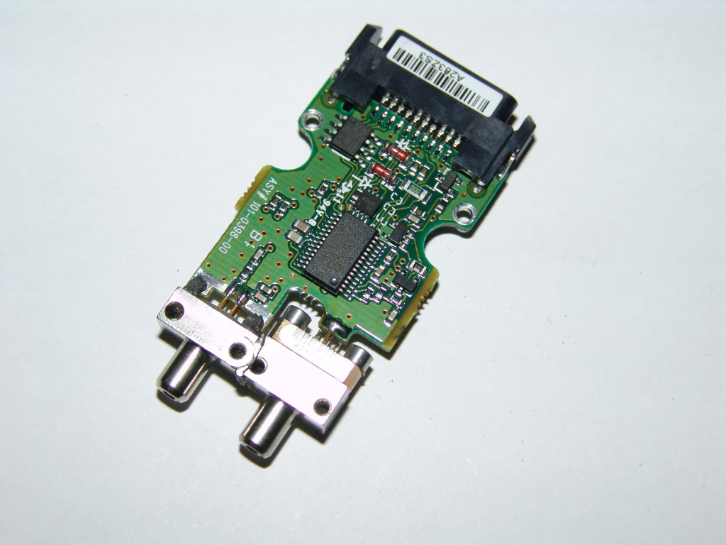 An optical transceiver module showing the dual optical ports (for transmit and receive) on the left and the electrical interface on the right.