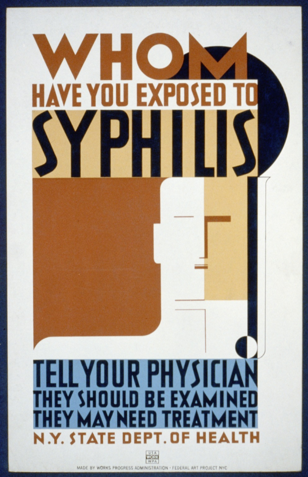 A 1939 public health poster visually demonstrating the correct use of "whom." In this sentence, the pronoun acts as the direct object receiving the action of the verb "exposed."