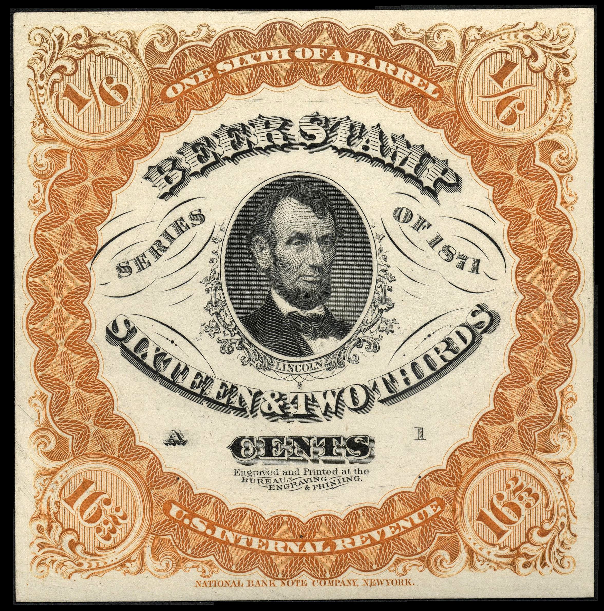 Special tax bonds are backed by excise taxes on specific goods. Historically, physical revenue stamps, such as this 1871 U.S. revenue stamp for beer, were utilized to prove that the specialized tax had been paid.
