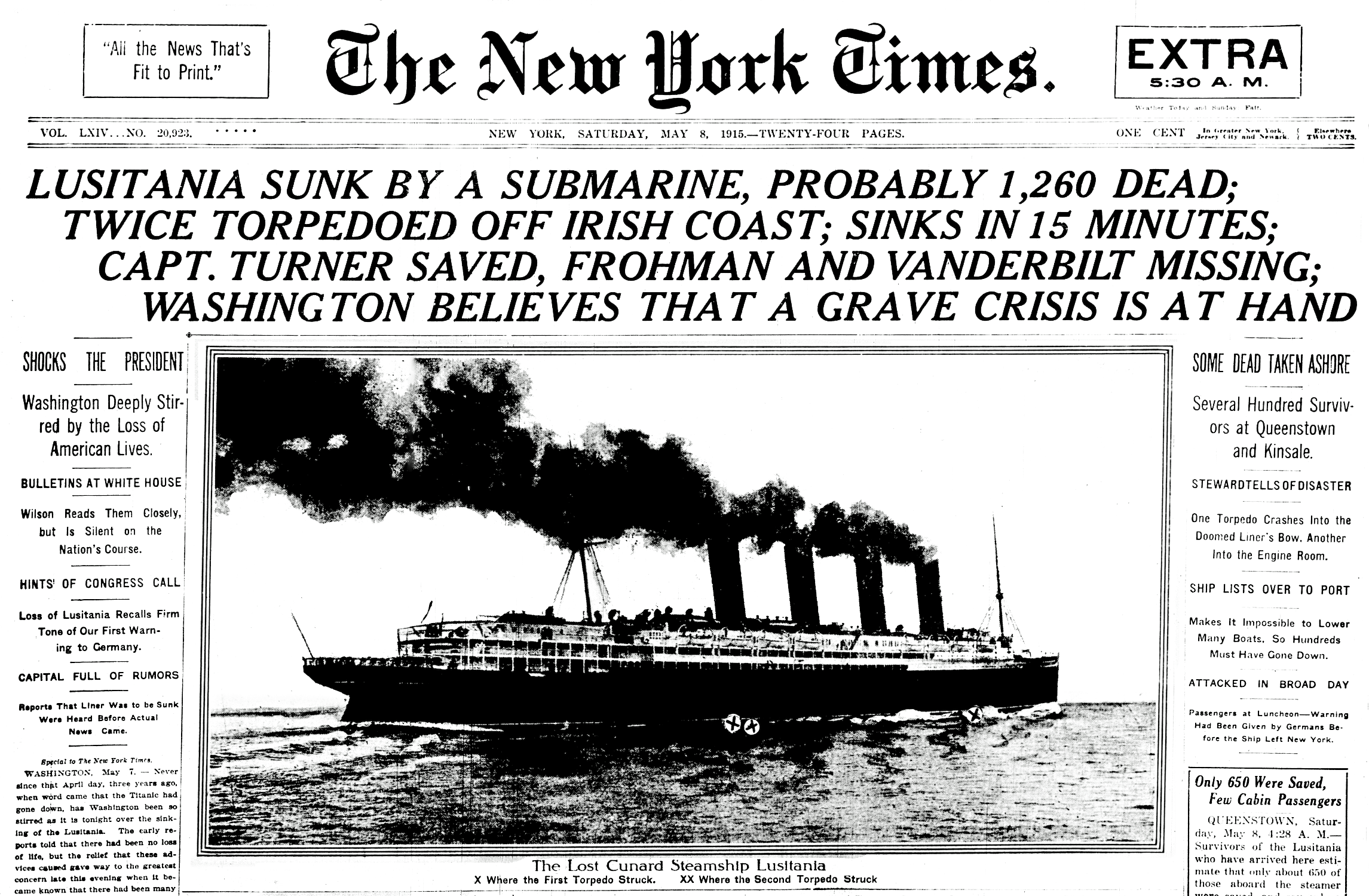 Front page of The New York Times announcing the sinking of the RMS Lusitania, an event that sharply shifted American public opinion against Germany.