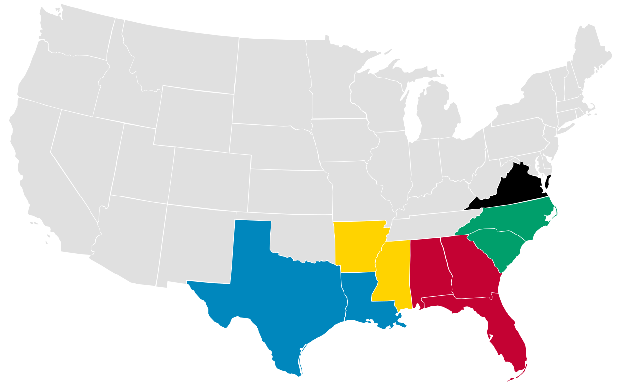 Map of the five military districts established by the Reconstruction Acts of 1867, which placed the former Confederacy under the administration of Union generals to enforce federal laws and voting rights.