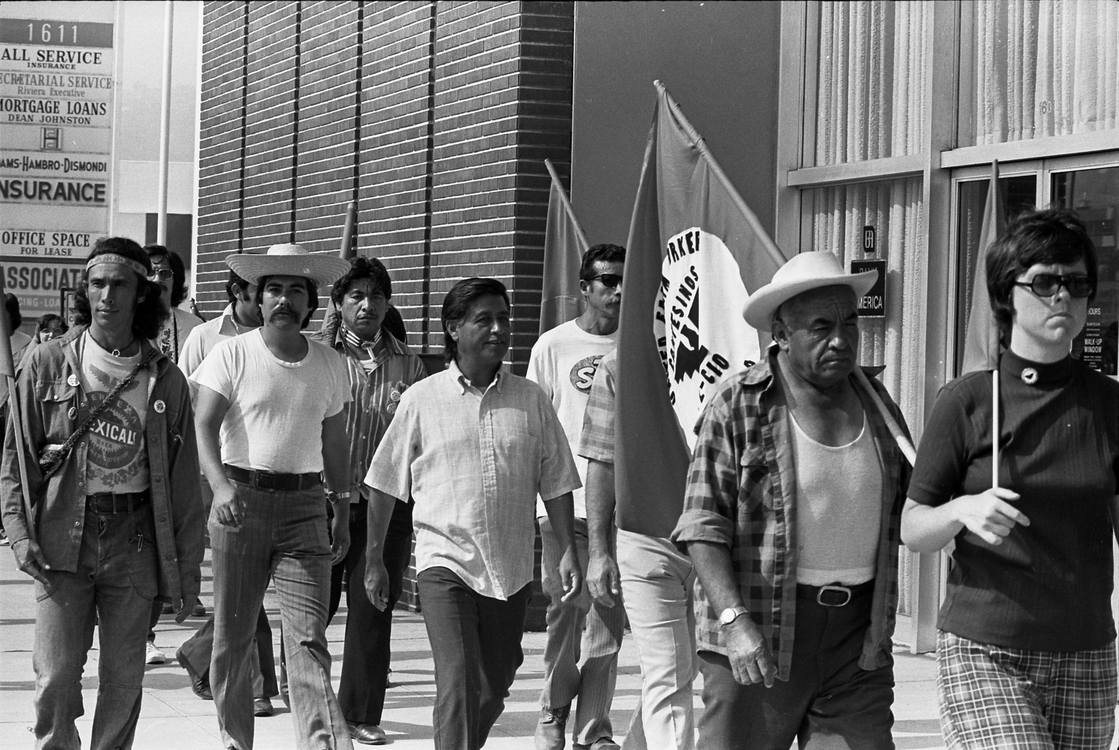Cesar Chavez marching with United Farm Workers (UFW) members in California, showcasing the application of civil rights protest tactics to labor movements.