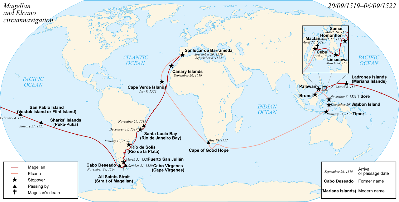 The route of the Magellan-Elcano expedition. Understanding the prefix circum- (around) allows readers to instantly decode terms like circumnavigation without a dictionary.