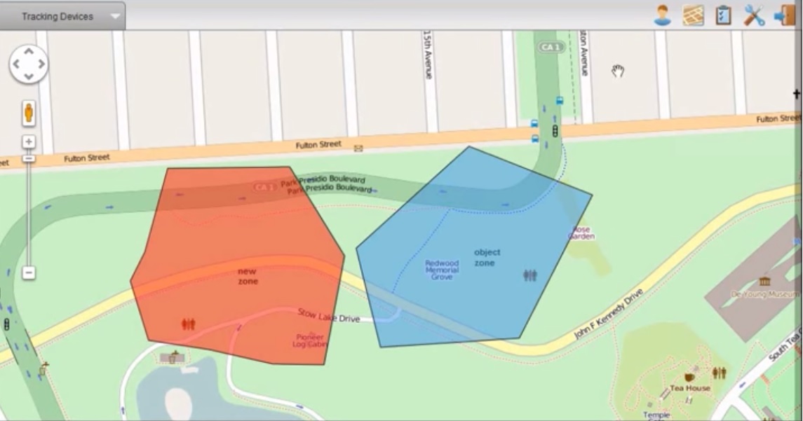 A visual representation of defined geofences on a map. Mobile Device Management platforms use these GPS boundaries to dynamically apply or revoke security policies as a device physically moves between secure and unsecure zones.