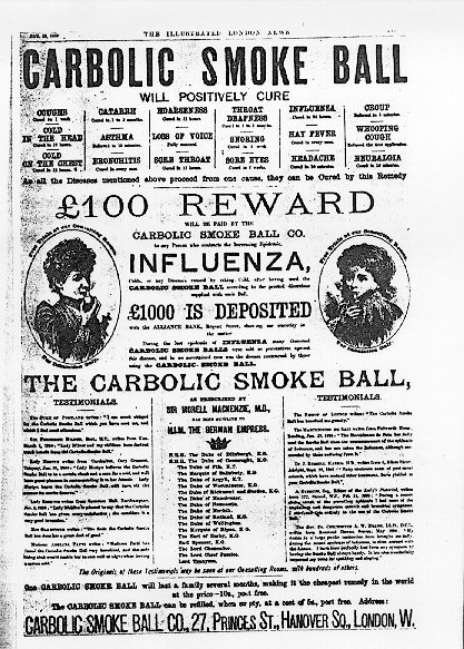 The Carbolic Smoke Ball advertisement at the centre of Carlill v Carbolic Smoke Ball Co (1893) — the classic example of an advertisement crossing the line from invitation to treat into a binding unilateral offer.