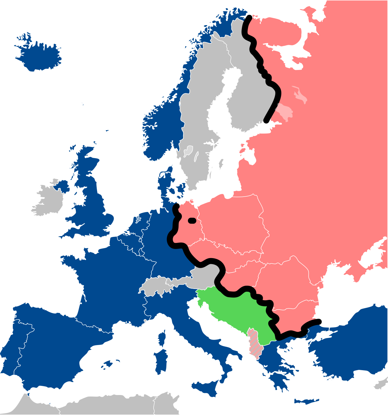 A map of Cold War Europe divided by the Iron Curtain, separating NATO-aligned Western countries from the Soviet-led Warsaw Pact in the East.