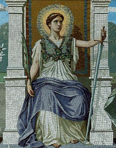 An allegorical mosaic of Law, holding a sword to punish wrongdoing and a palm branch to reward merit — the same balancing act a solicitor performs when duties to court, client and public collide.