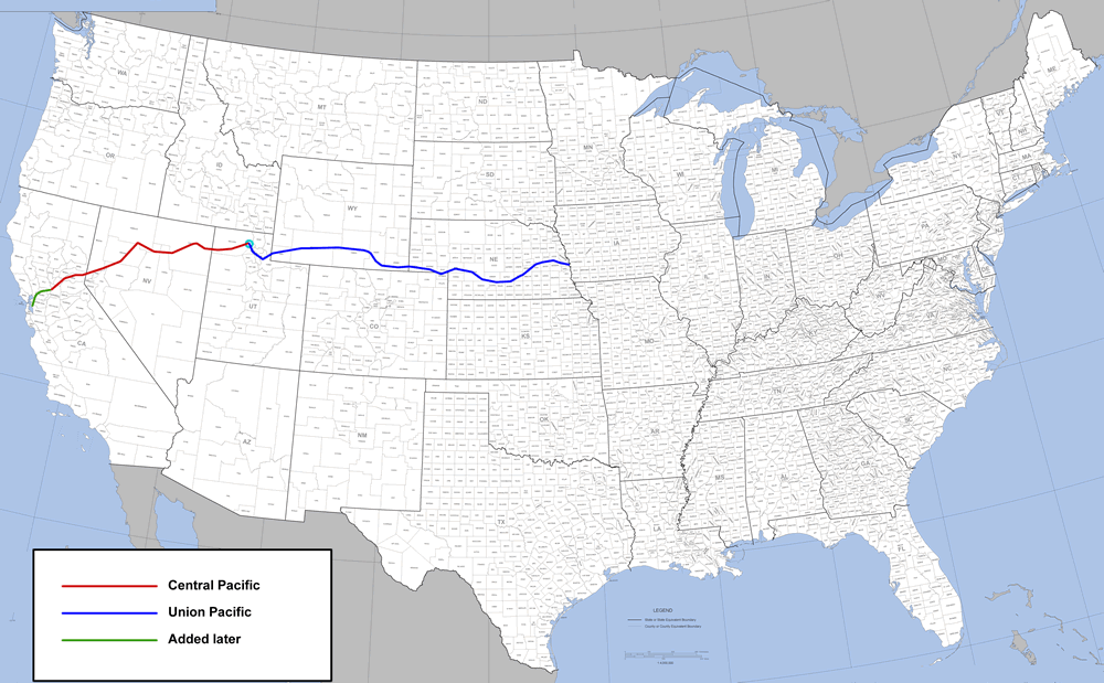 The route of the First Transcontinental Railroad. Completed in 1869, this infrastructure drastically reduced cross-country travel time and physically integrated the resource-rich West with Eastern industrial centers.