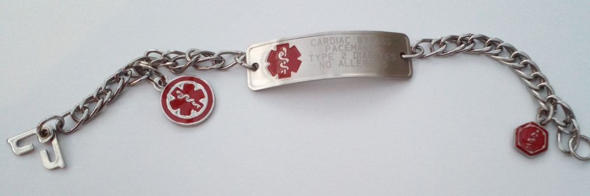 A standardized medical alert bracelet instantly communicates critical underlying pathologies and physiological deficits to emergency responders.