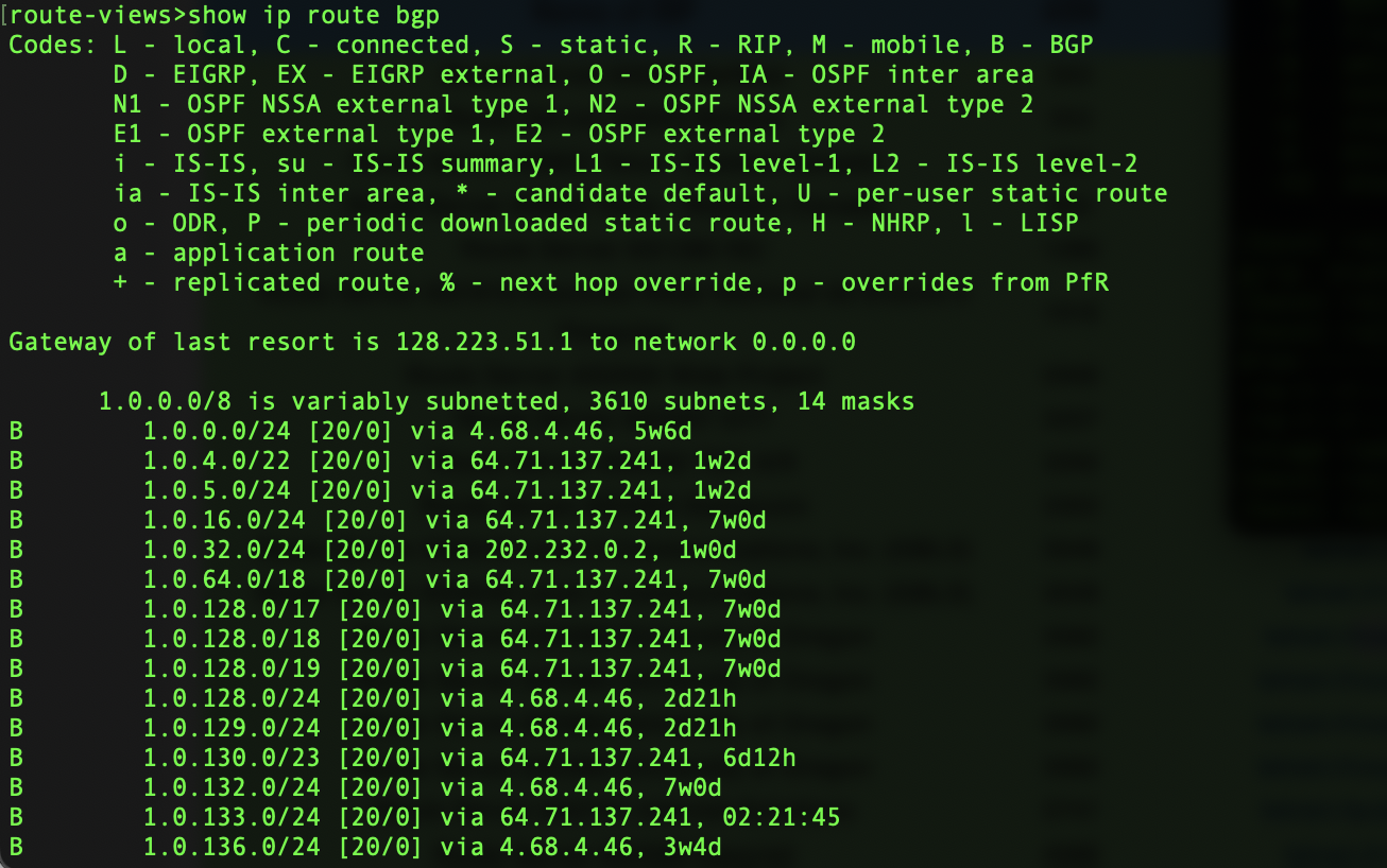 A terminal output of a BGP routing table detailing network paths. Making undocumented modifications to configurations like this without oversight can introduce severe vulnerabilities and operational blind spots.