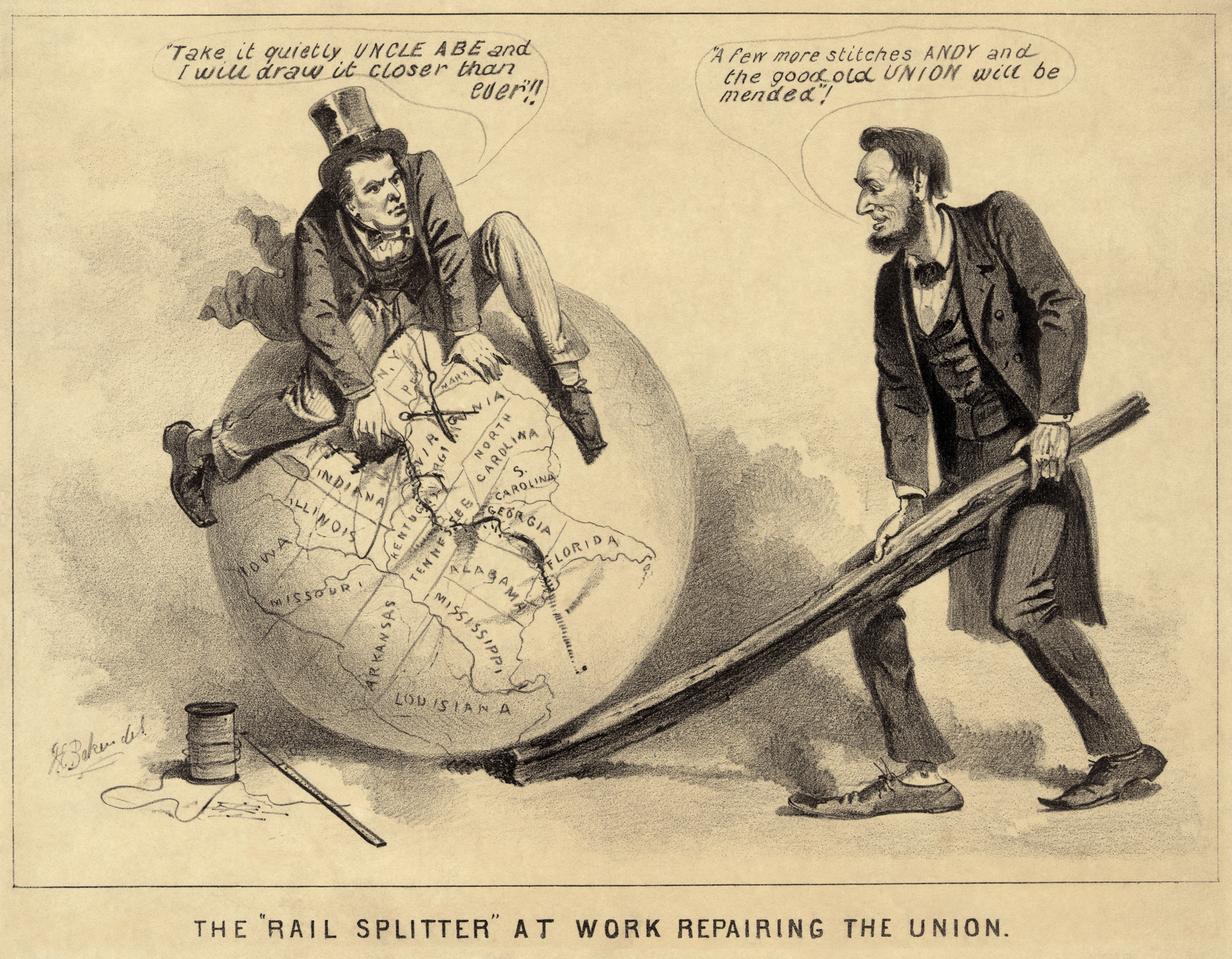 An 1865 political cartoon depicting President Abraham Lincoln and Vice President Andrew Johnson repairing the Union. Their differing approaches to Reconstruction would soon lead to massive political clashes following Lincoln's assassination.