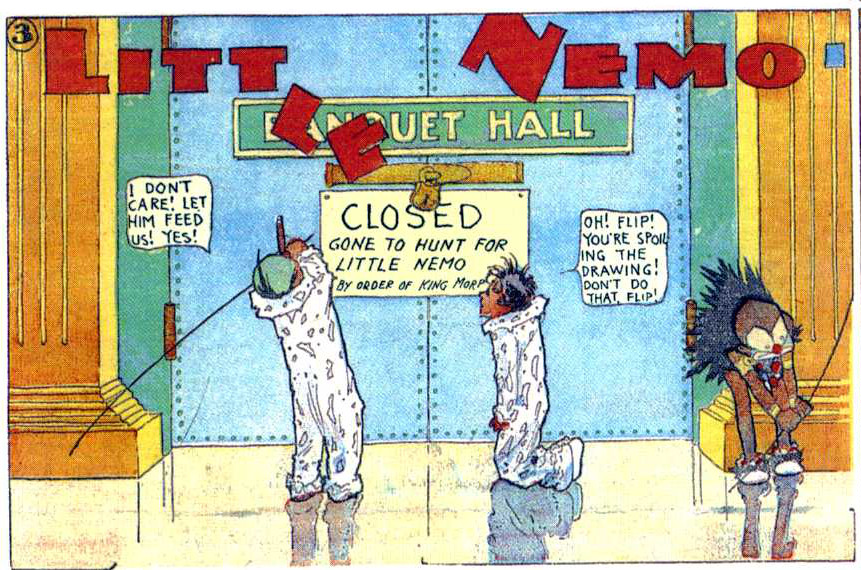 A literal visual example of breaking the fourth wall in the comic Little Nemo. In prose, metafiction functions similarly by deliberately shattering the illusion of the narrative to draw the reader's attention to the text's artificial construction.