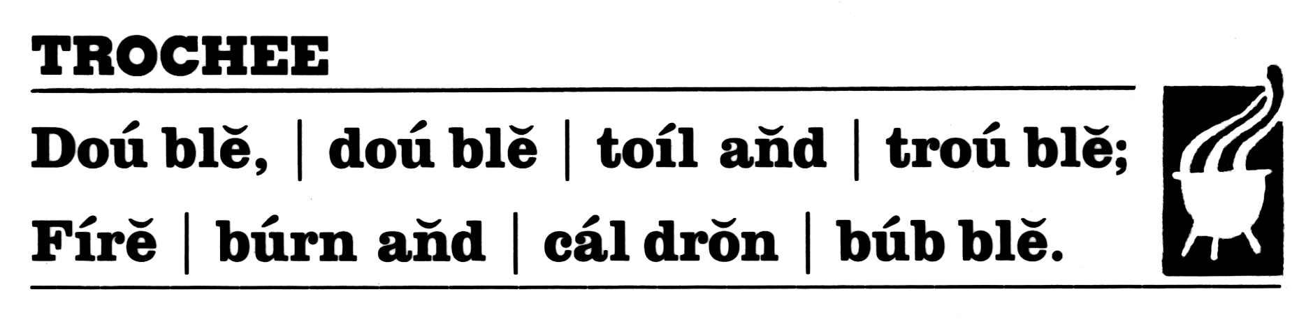 The chanting, urgent rhythm of the witches' spell in Shakespeare's Macbeth is a classic example of trochaic tetrameter.