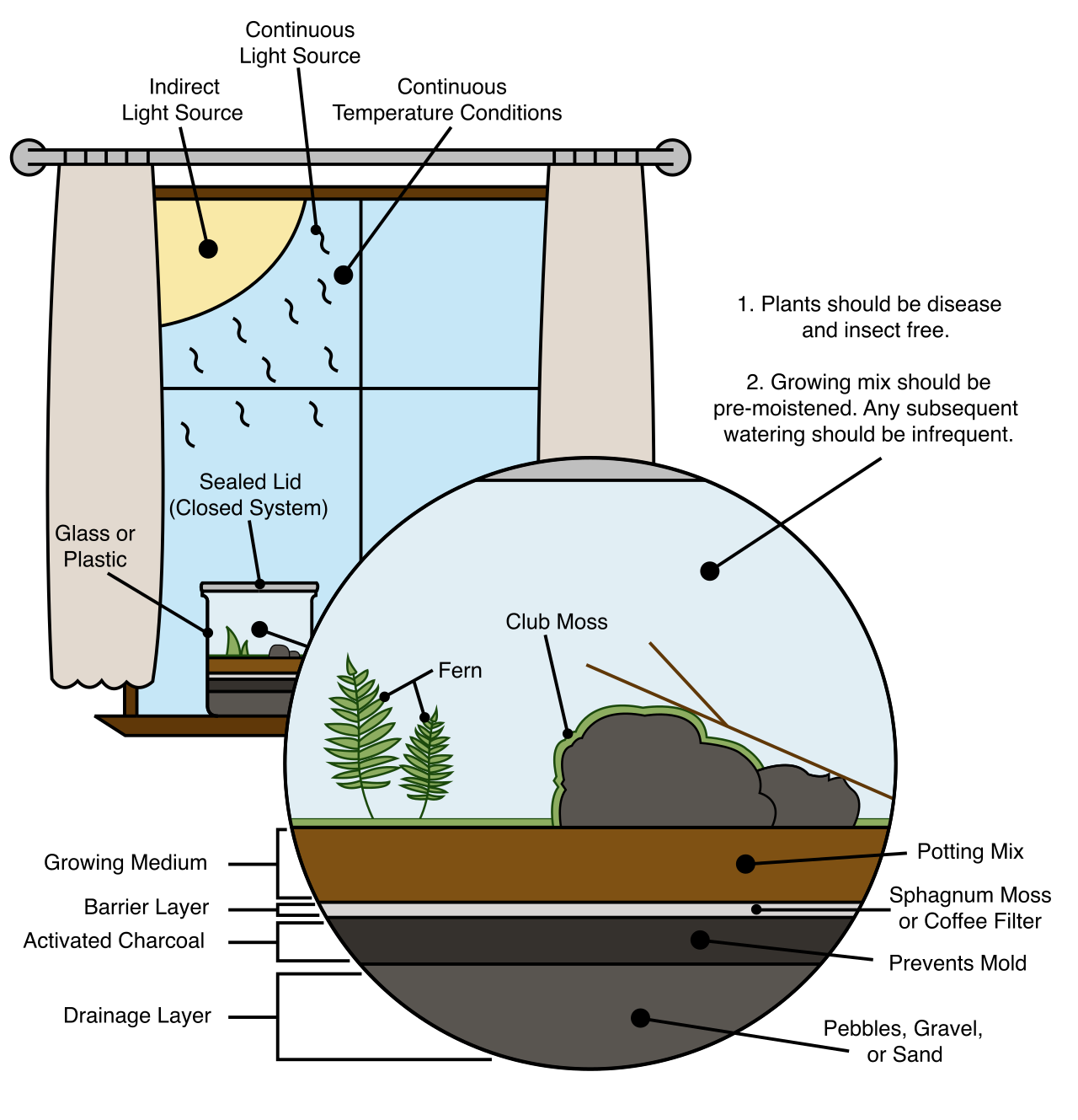 Diagram of a sealed terrarium demonstrating how a closed system acts as a microcosm, allowing matter like water and gases to continuously cycle without escaping.