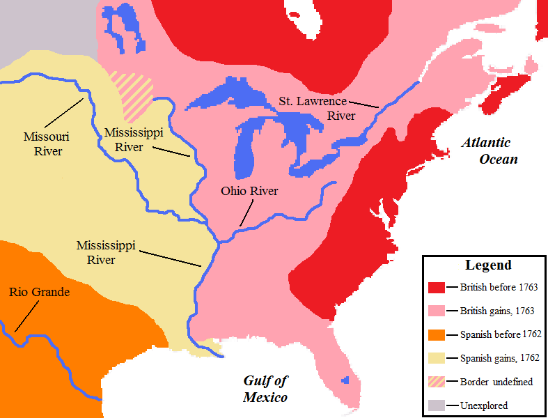 Map of North America in 1763, showing the vast new territories Great Britain acquired after the French and Indian War. Securing these borders created the massive national debt that sparked colonial taxation.