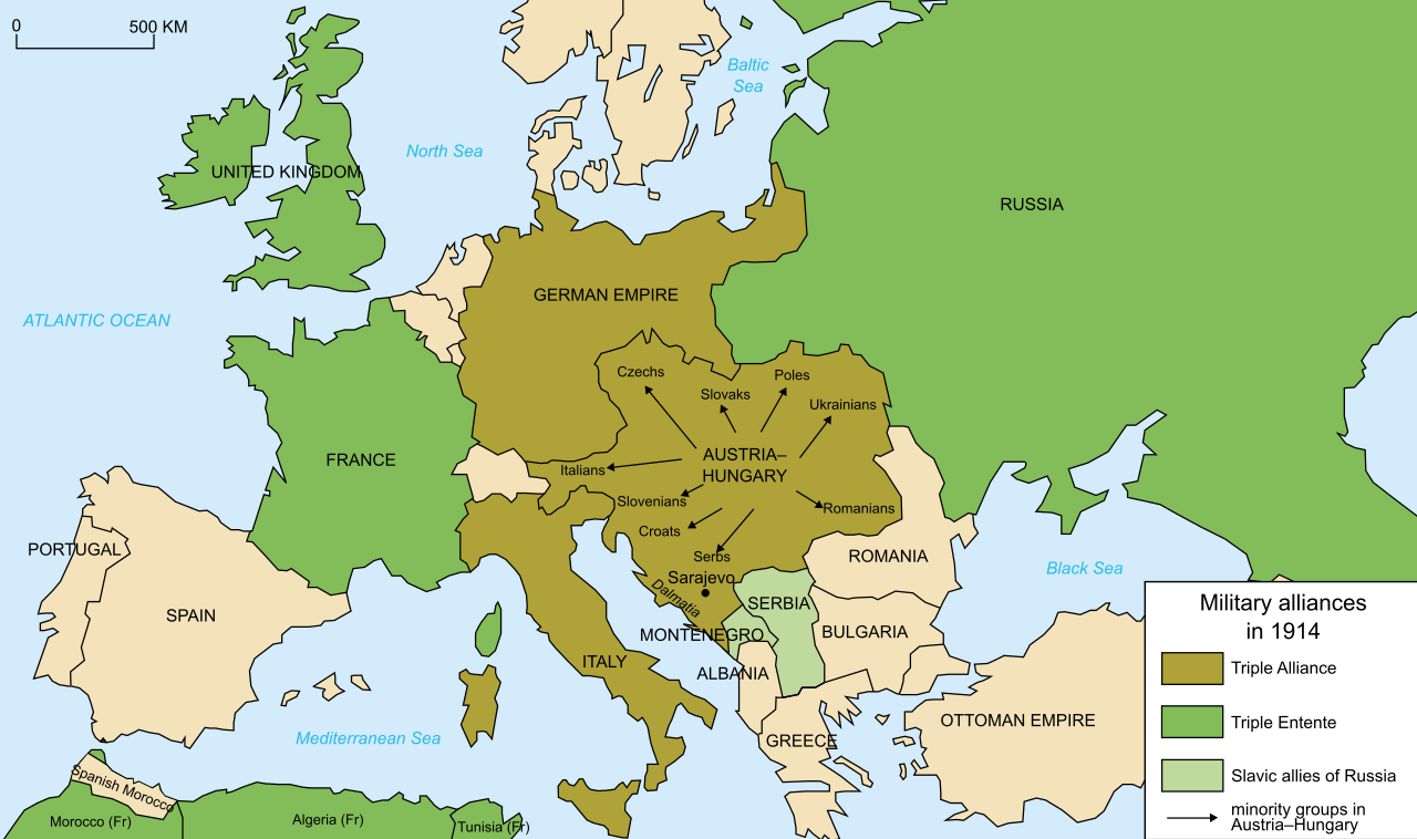 Map of the rival military coalitions in Europe prior to the outbreak of the First World War in 1914.