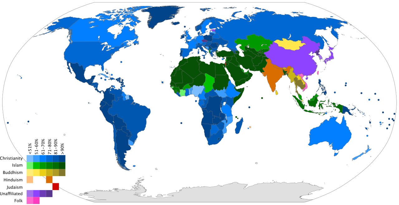 A choropleth map showing the global distribution of major religions, differentiating the widespread spatial footprints of universalizing religions from the localized concentrations of ethnic religions.
