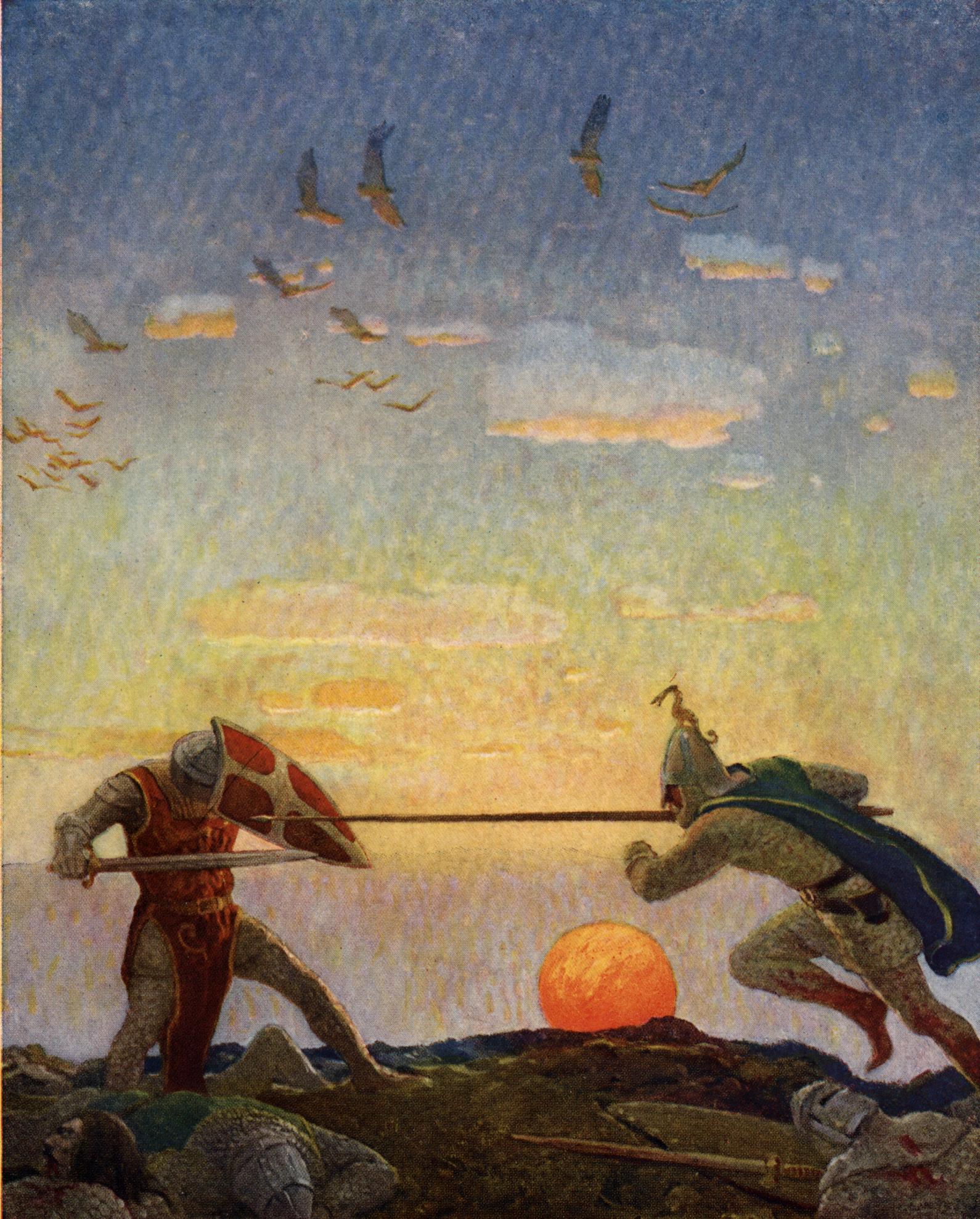 King Arthur battling Mordred serves as a classic example of an external "character versus character" conflict.