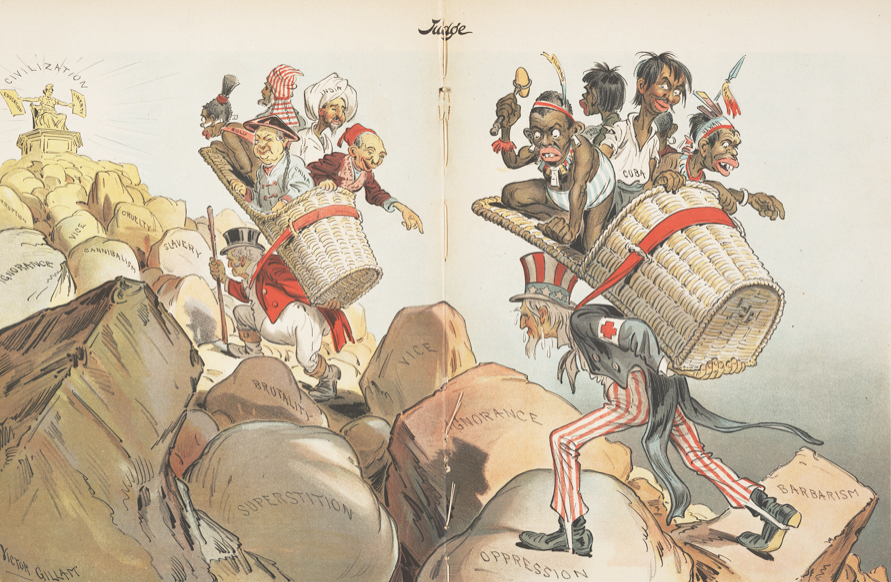 An 1899 political cartoon depicting the "White Man's Burden," illustrating the racist ideology used to justify Western imperialism as a civilizing mission.