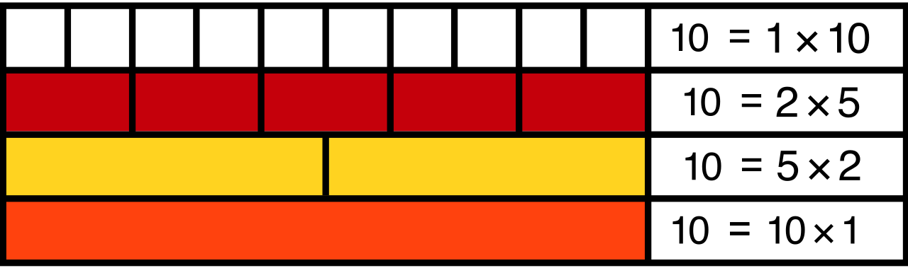The factors of 10 (1, 2, 5, and 10) visualized as physical segments that perfectly divide its total length without a remainder.