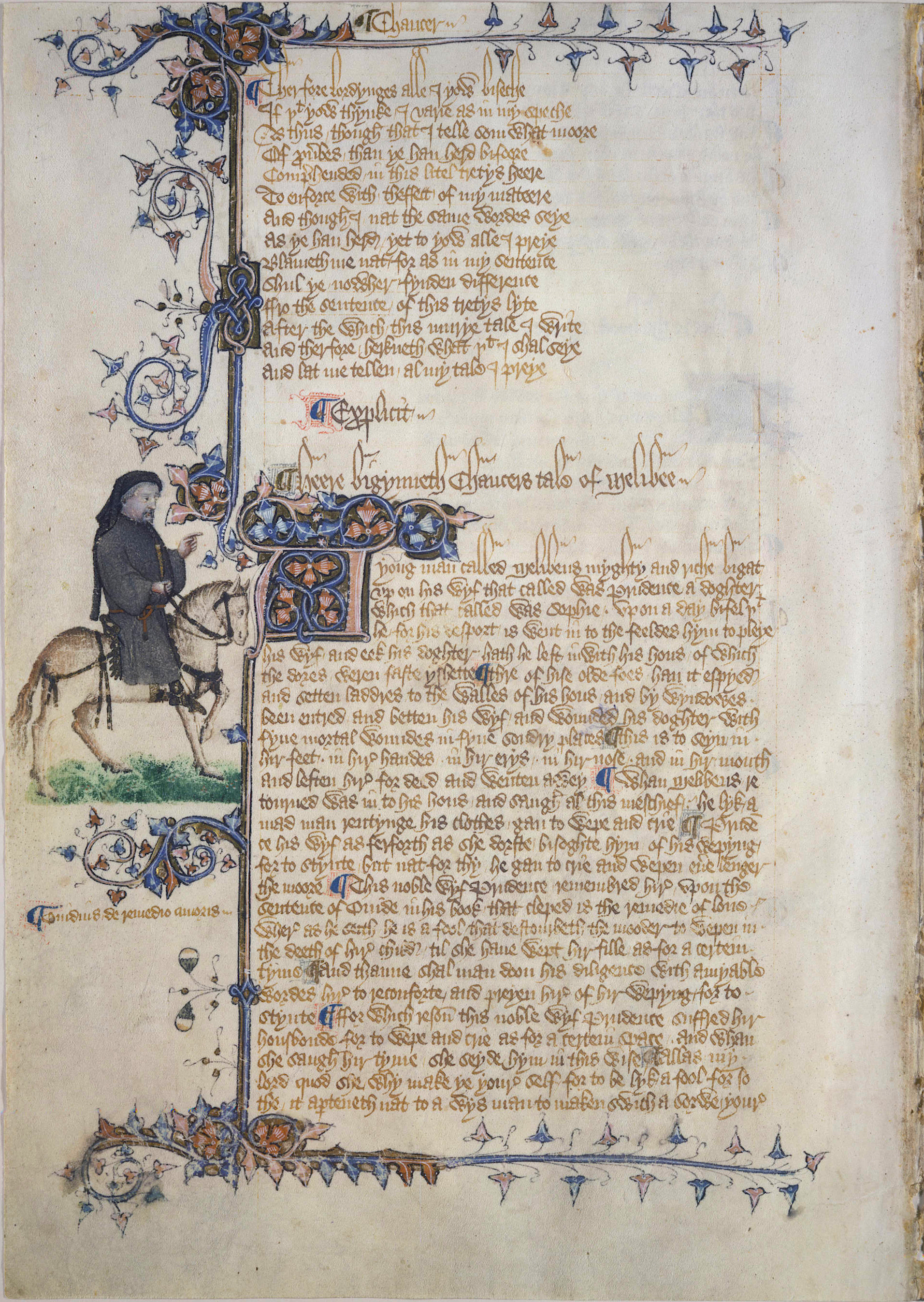An illustration from the early 15th-century Ellesmere manuscript depicting Geoffrey Chaucer as a pilgrim, highlighting the text's role in popularizing vernacular Middle English.