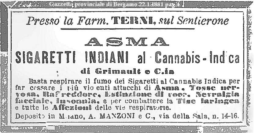 An 1881 advertisement promising a cannabis cigarette cure for asthma and colds — the kind of overblown commercial 'puff' the law treats as sales talk, not a binding promise.