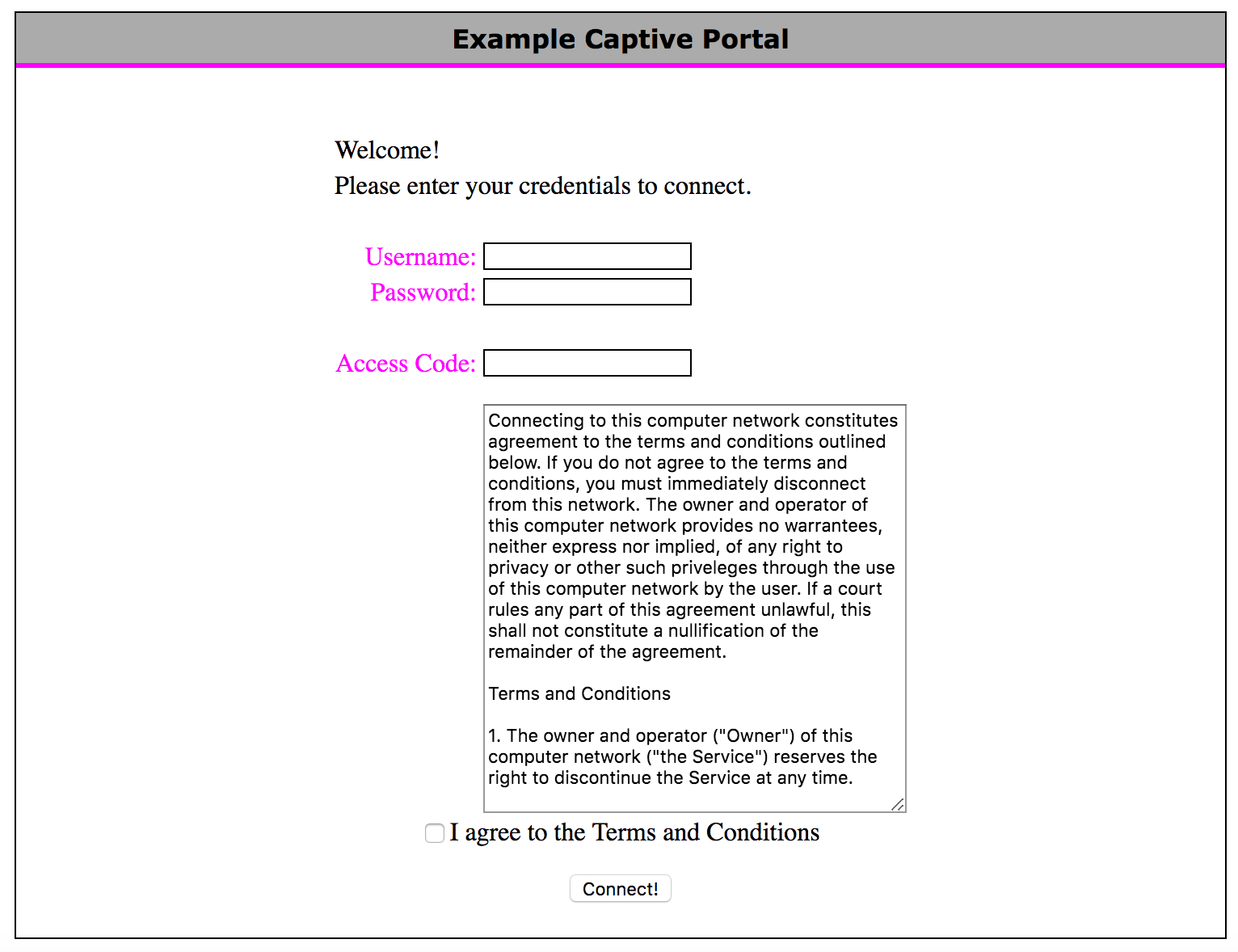 A typical captive portal webpage intercepting user web traffic to mandate login or agreement to terms before granting internet access.