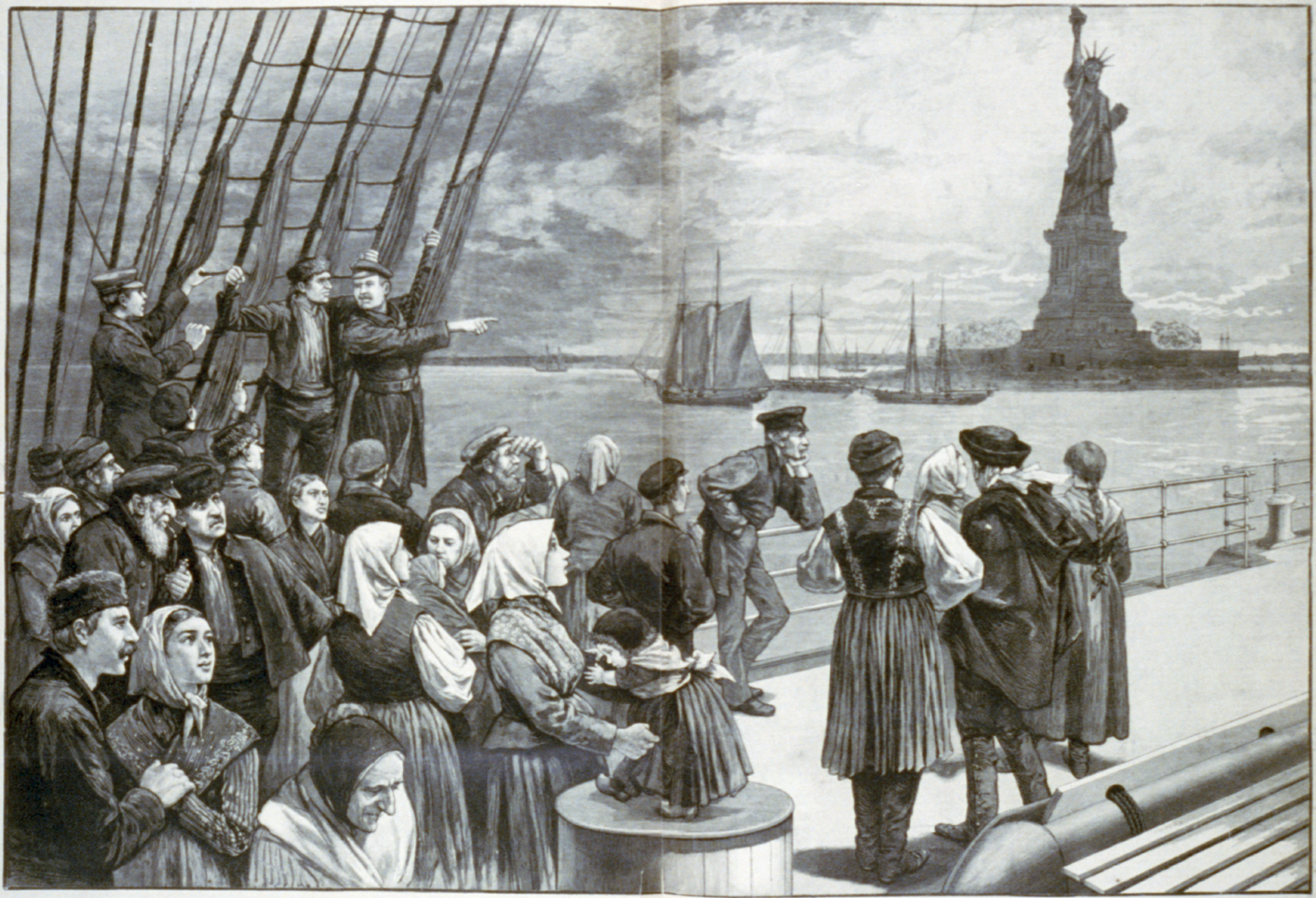 An 1887 illustration of European immigrants arriving in New York Harbor, drawn by the pull factor of industrial opportunity.