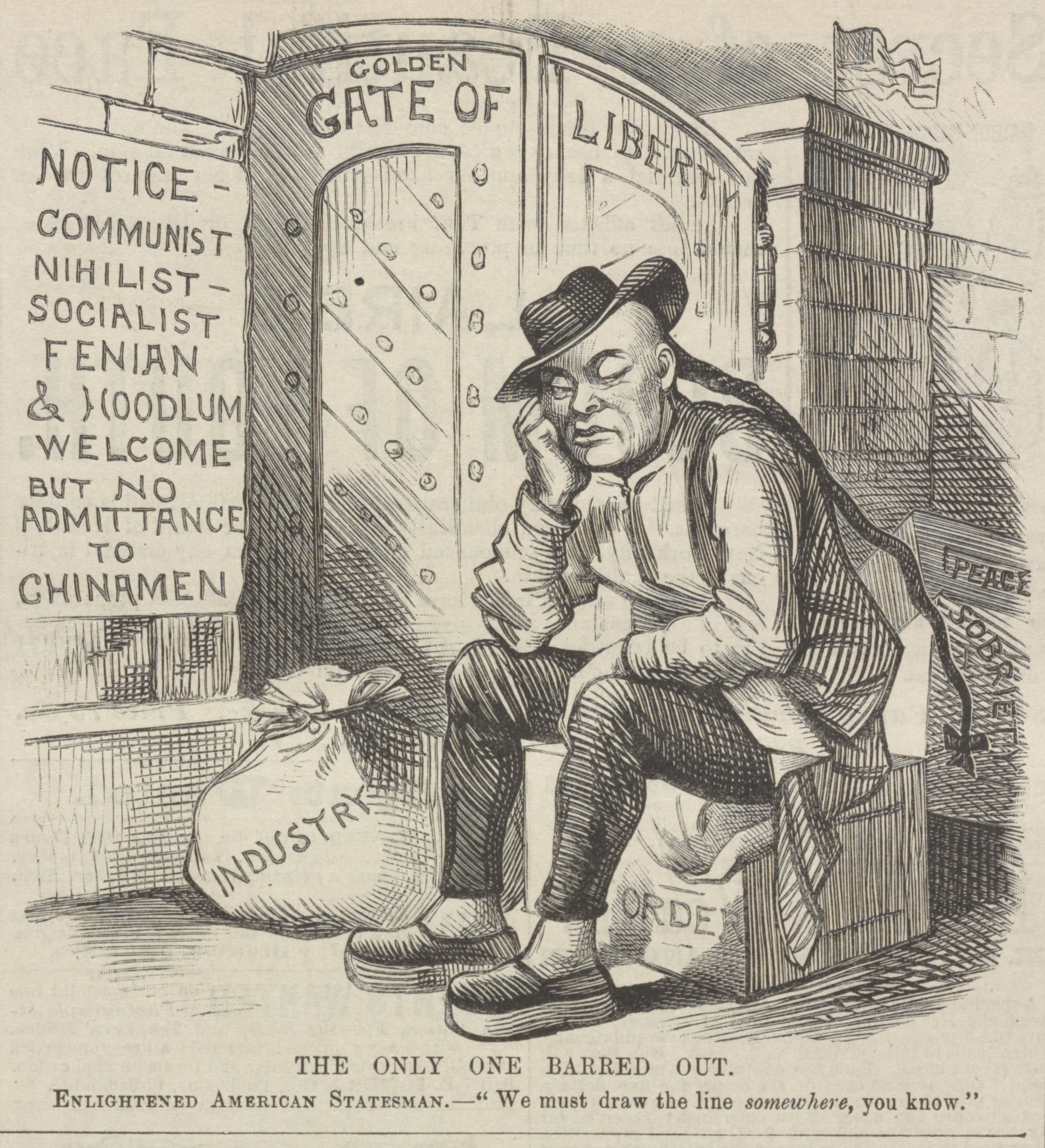 An 1882 political cartoon illustrating the nativism surrounding the Chinese Exclusion Act, depicting a Chinese man being barred from the "Golden Gate of Liberty."
